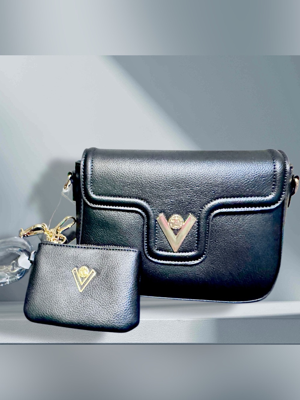 Valentino Orlandi NWT Black Vegan Leather Shoulder Bag w Gold V Accent & Pouch